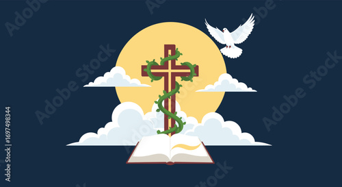 Christianity faith symbolism cross open bible dove and radiant sun in cloudy sky scene