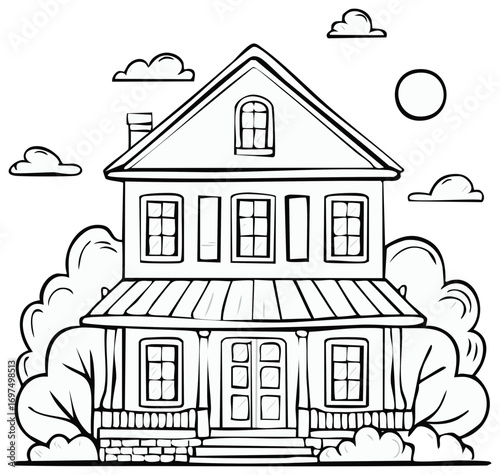 Two Story House Outline with Porch, Windows, Chimney, Clouds, and Sun, Coloring Page Style Illustration