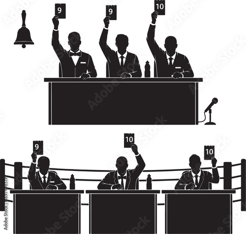 Boxing Match Judges with Score Cards and Ring Bell