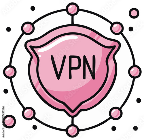 Pink VPN shield with network connection icons for virtual private network security and privacy concept