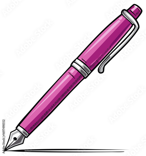 Illustration of a Pink Fountain Pen Laying Down with Nib Visible Making Line on White Background Stationery Supply Writing Tool