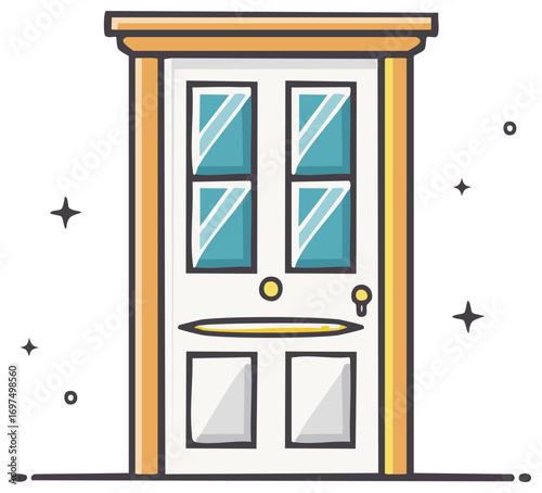 Cartoon Style White Front Door with Glass Panes and Sparkling Accents