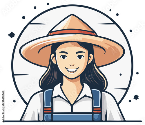 Woman wearing a cone hat, in a vector illustration, farmer, farm worker, agricultural work, agricultural worker