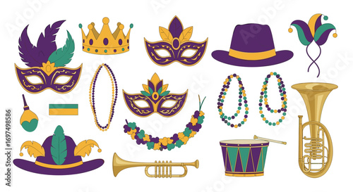 Vibrant collection of mardi gras icons featuring masks crowns beads hats and musical instruments for festive celebrations