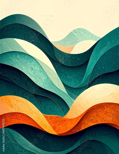 Abstract wavy layers in teal, orange, and beige