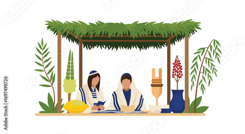Traditional jewish wedding ceremony under a decorated sukkah outdoors with guests attending celebrating the sacred union