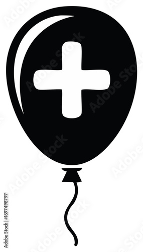 Black balloon with a white plus symbol and a string isolated on white background
