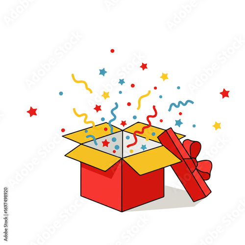 A red gift box with a bow is open, revealing colorful confetti and streamers floating upwards.