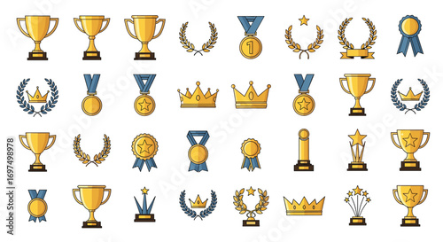 Collection of championship trophies awards medals crowns and laurels symbolizing victory and excellence