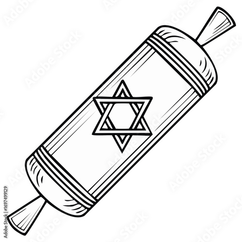 Black and white illustration of a Torah scroll with Star of David symbol