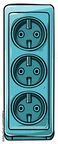 Cartoon electrical outlet with three socket ports for euro plugs in blue color