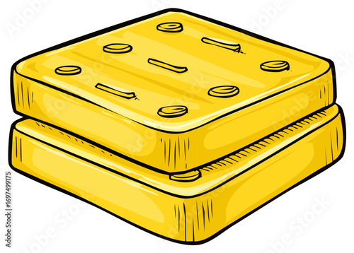 Cartoon illustration of two yellow cheese crackers stacked on top of each other.
