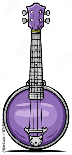 Vibrant purple banjo with chrome accents and detailed fretboard isolated on white background