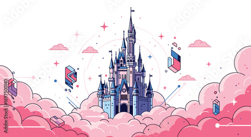 Enchanting pixelated castle floating amidst dreamy pink clouds and celestial sparkles