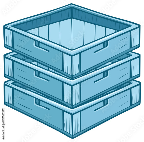 Three empty blue wooden crates stacked neatly for storage and organization
