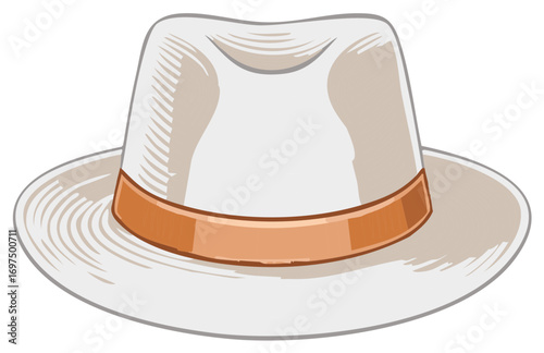 Illustration of a stylish white fedora hat with an orange band