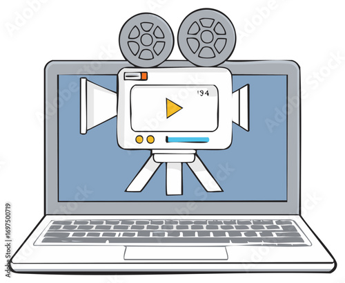 Laptop screen with movie camera design, video production, online video content