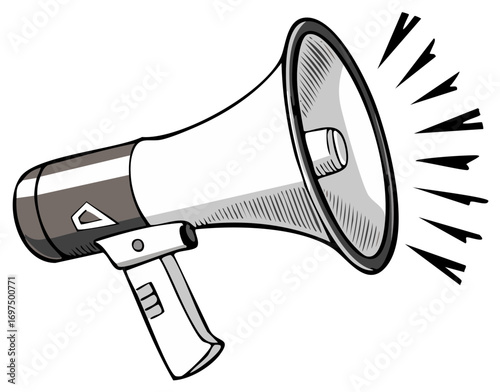 Loudspeaker cartoon drawing in grayscale, communication, announcements, speaking, voice amplified