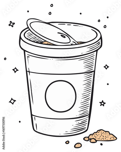 Coffee cup with sprinkles and open lid. Vintage drawing style illustration.
