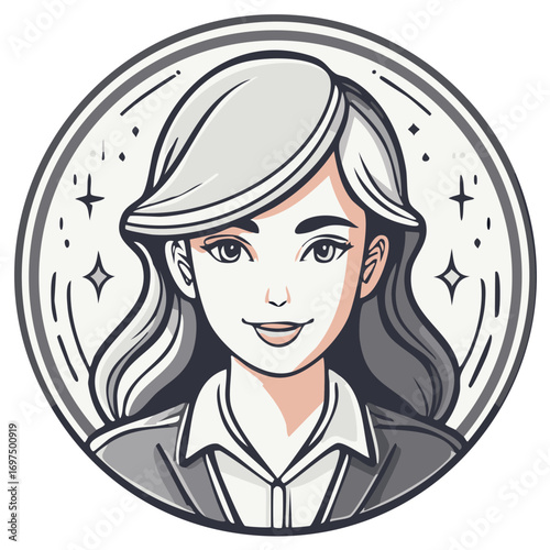 Cartoon portrait of a smiling woman in a circular frame with sparkling stars.