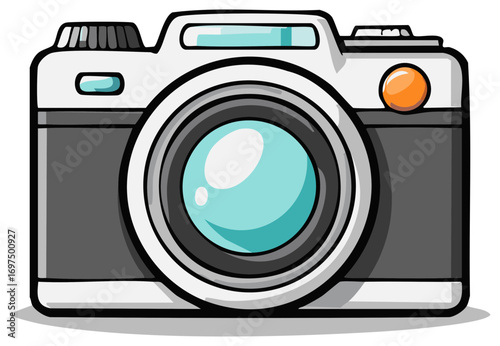 Cartoon Illustration of a White and Gray Camera with Blue Lens