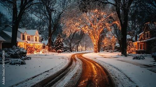 Snowy street with houses and trees decorated with lights at dusk.
