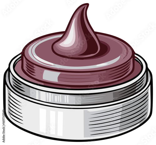 Open jar of cosmetic cream, lotion, ointment, or balm, with a swirl of thick, maroon product.