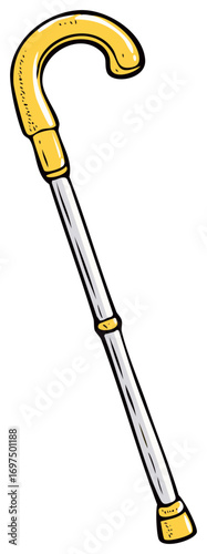 Cartoon style walking stick with a curved handle. Isolated on white background.