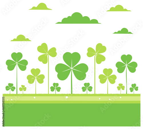 Stylized green shamrock and clover field with whimsical clouds, representing luck and spring celebration