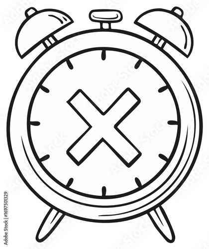 Cartoon outline alarm clock with a prominent cross mark on its face indicating stop