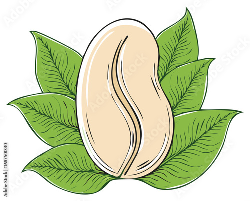 Hand drawn peanut or cashew surrounded by green leaves, food illustration