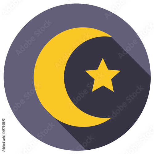 Yellow crescent moon and star symbol in a dark circular icon with shadow