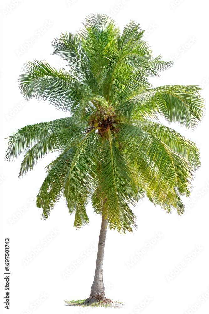 Fototapeta premium Lush palm tree with green fronds and coconuts against a bright white background. Tropical, isolated, tree silhouetted against the sky