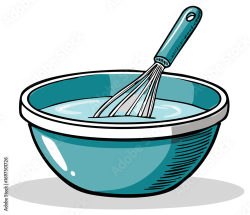 Teal mixing bowl with a whisk preparing batter or liquid ingredients for cooking