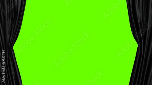 Black curtain opening with green screen background, Theater stage curtains on green backdrop