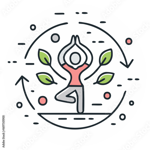 Yoga Tree Pose with Leaves Circle Arrows Conceptual Health Icon Illustration