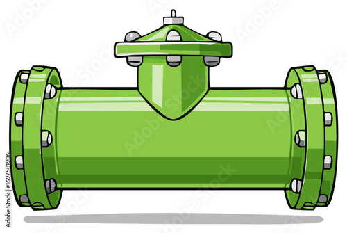 Cartoon illustration of a green industrial pipe with a flanged valve for plumbing or pipeline systems