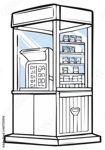Hand Drawn Newspaper Stand with Confectionery Display and Cash Register Illustration