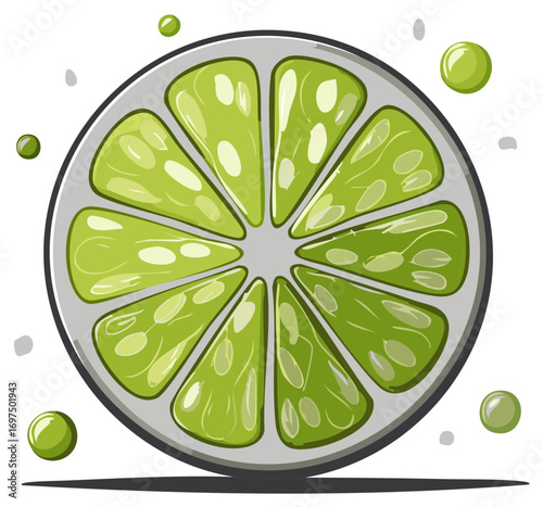 Lime slice illustration. Fresh lime wedges arrangement with droplets, vector vibrant design, bright green color