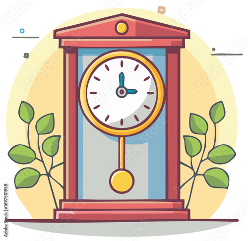 Cartoon illustration of a red grandfather clock with a round dial and leaves around it