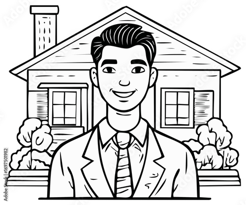 Line art image of a smiling man in suit in front of home with trees, black and white vector drawing