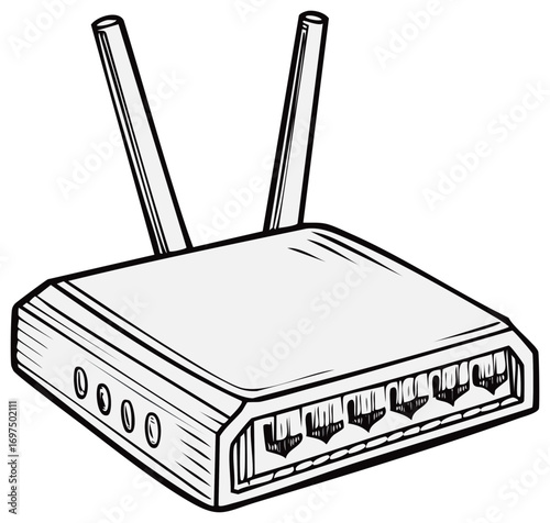 Line Drawing of a Wireless Router with Multiple Ethernet Ports and Antennas