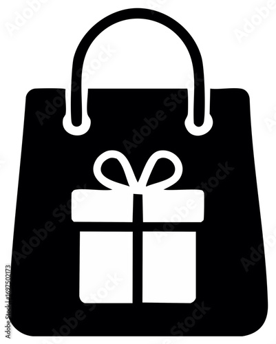 Black shopping bag with white gift box and bow icon for purchases and presents