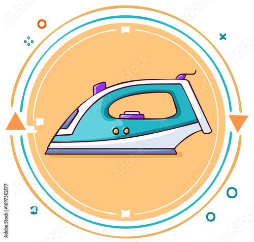 Cartoon illustration of electric iron inside orange circle, household appliance.