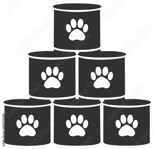 Pyramid stack of pet food cans featuring white paw print icons