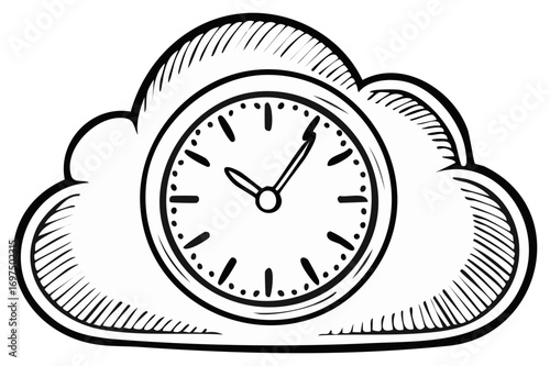 Sketch Illustration of Analog Clock Encased in Cloud Shape Symbolizing Timelessness and Cloud Computing Connection
