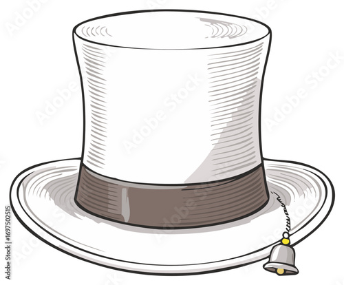 Vintage illustration of a white top hat with a ribbon and a bell attached to it