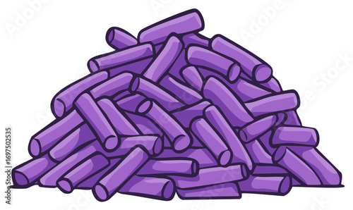 Cartoon illustration of pile of short, cylindrical, purple objects with rounded edges arranged randomly on top of each other.