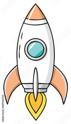 Cartoon rocket ship launching with fiery propulsion space travel exploration