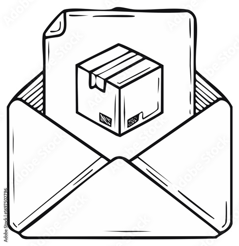 Hand drawn illustration of an open envelope with a shipping confirmation letter and parcel icon